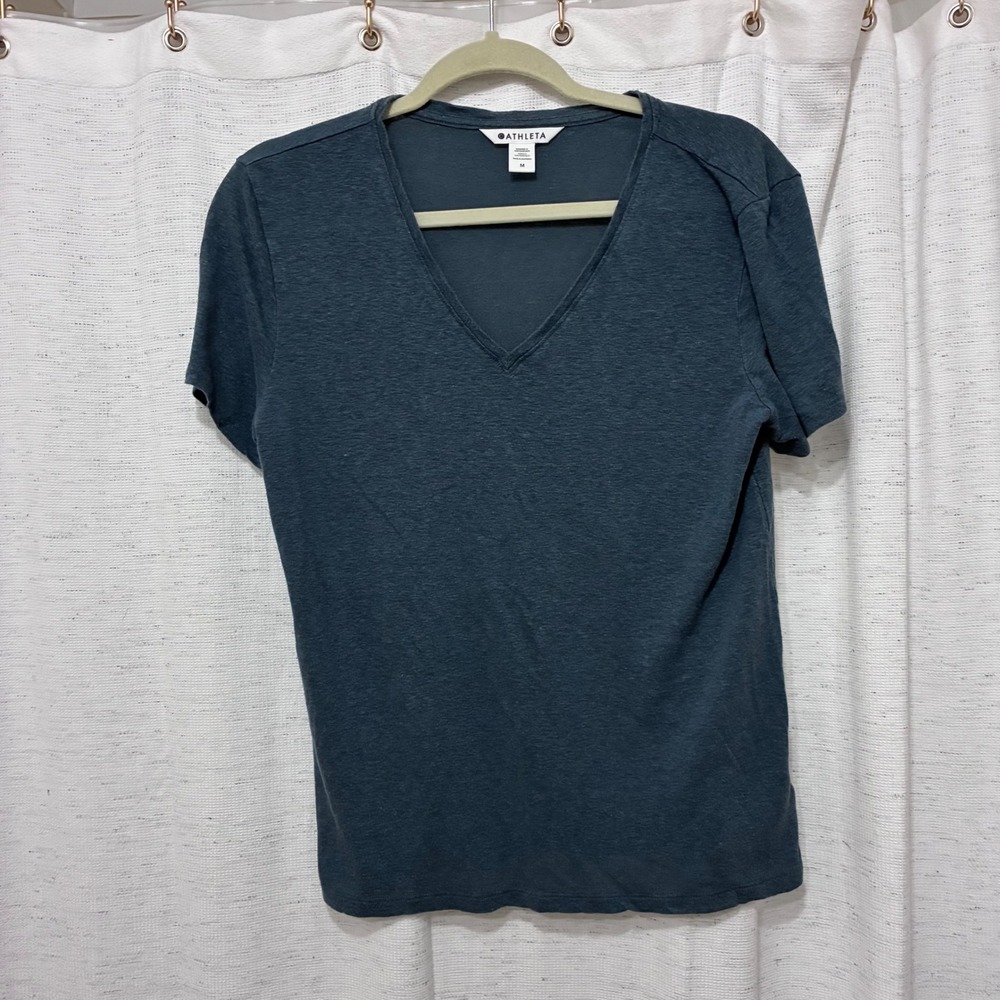 Athleta Breezy Linen V-Neck Ted Teal Blue Short Sleeve Top Medium Gym Athletic